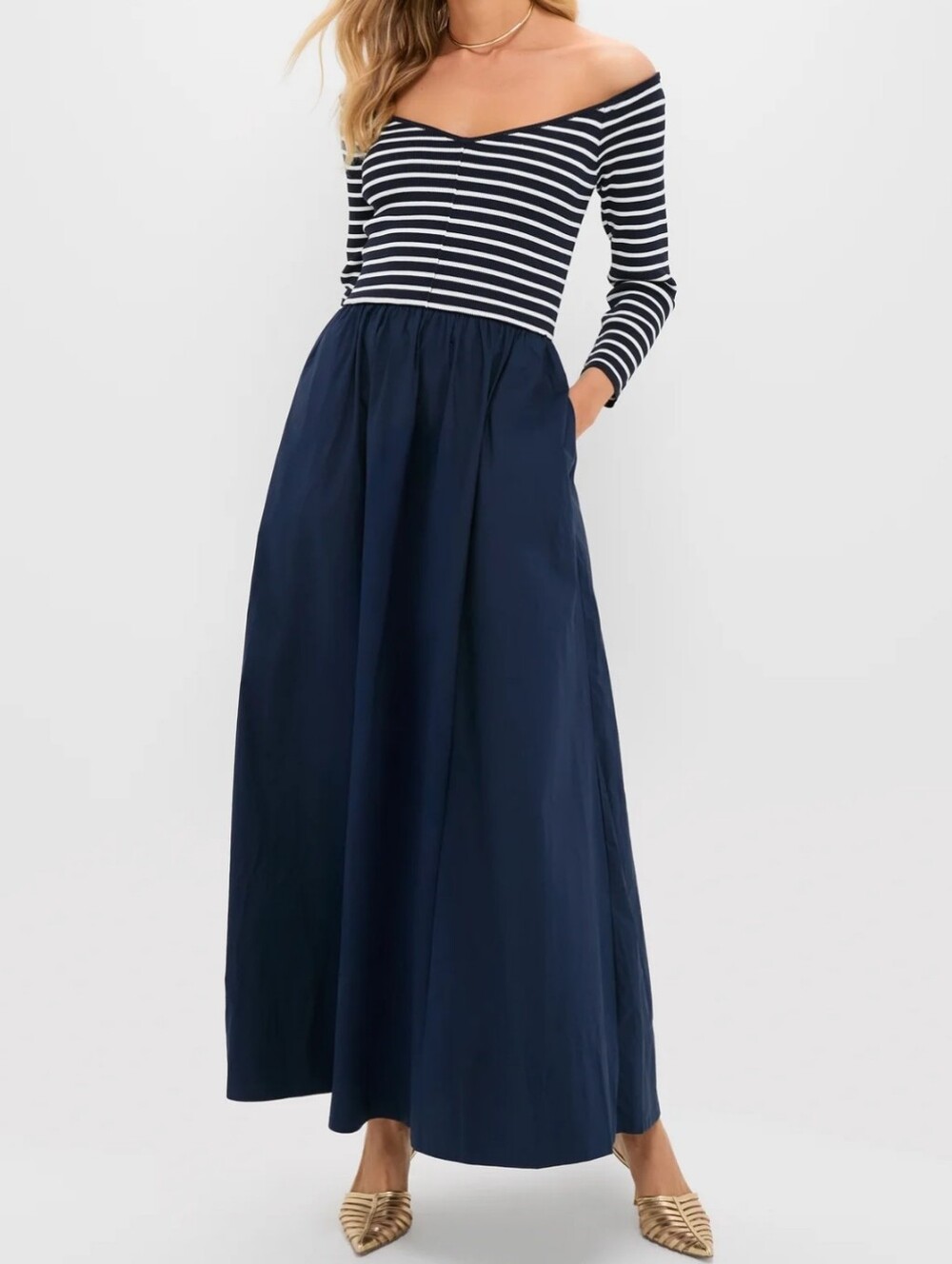 Tuckernuck Navy and White Off-Shoulder Striped Maxi Skirt Dress